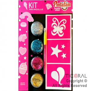 KIT PARA MAQUILLAJE GLITTER EN GEL 4 COLORES + PINCEL + STENCIL AUTOADHESIVO 651-01 x 1